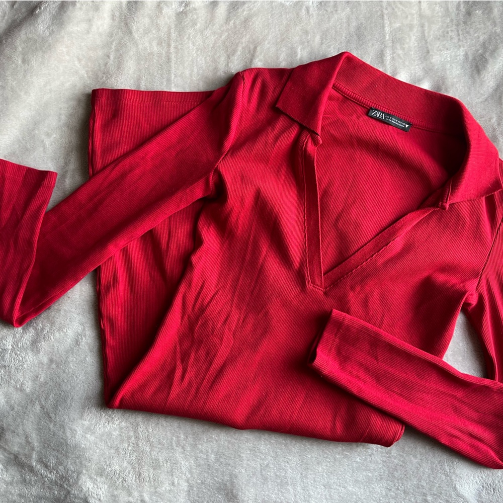 ZARA Women's Red Ribbed Polo Long Sleeve Fitted Dress